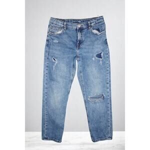 Zara Boys Straight Fit Jeans 11-12 Distressed Denim Adjustable Waist Light Wash
